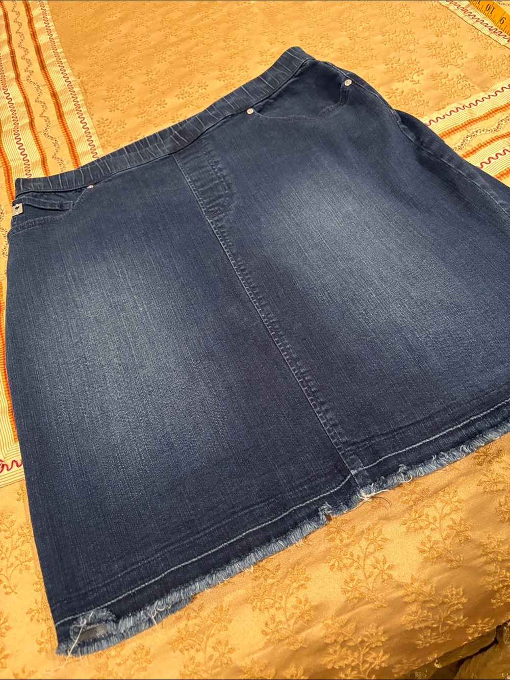Belle (Kim Gravel) Classic Dark Blue Denim A-Line Skirt, Fringed Hem, 12